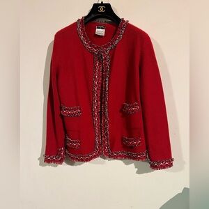 Chanel red cashmere fantasy tweed trim cardigan 46 rare